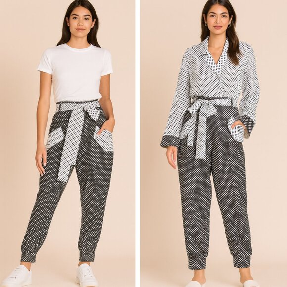 NEW AMUR Lisette Belted Polka Dot Joggers Black White Preppy Lagenlook Relaxed - Picture 1 of 10